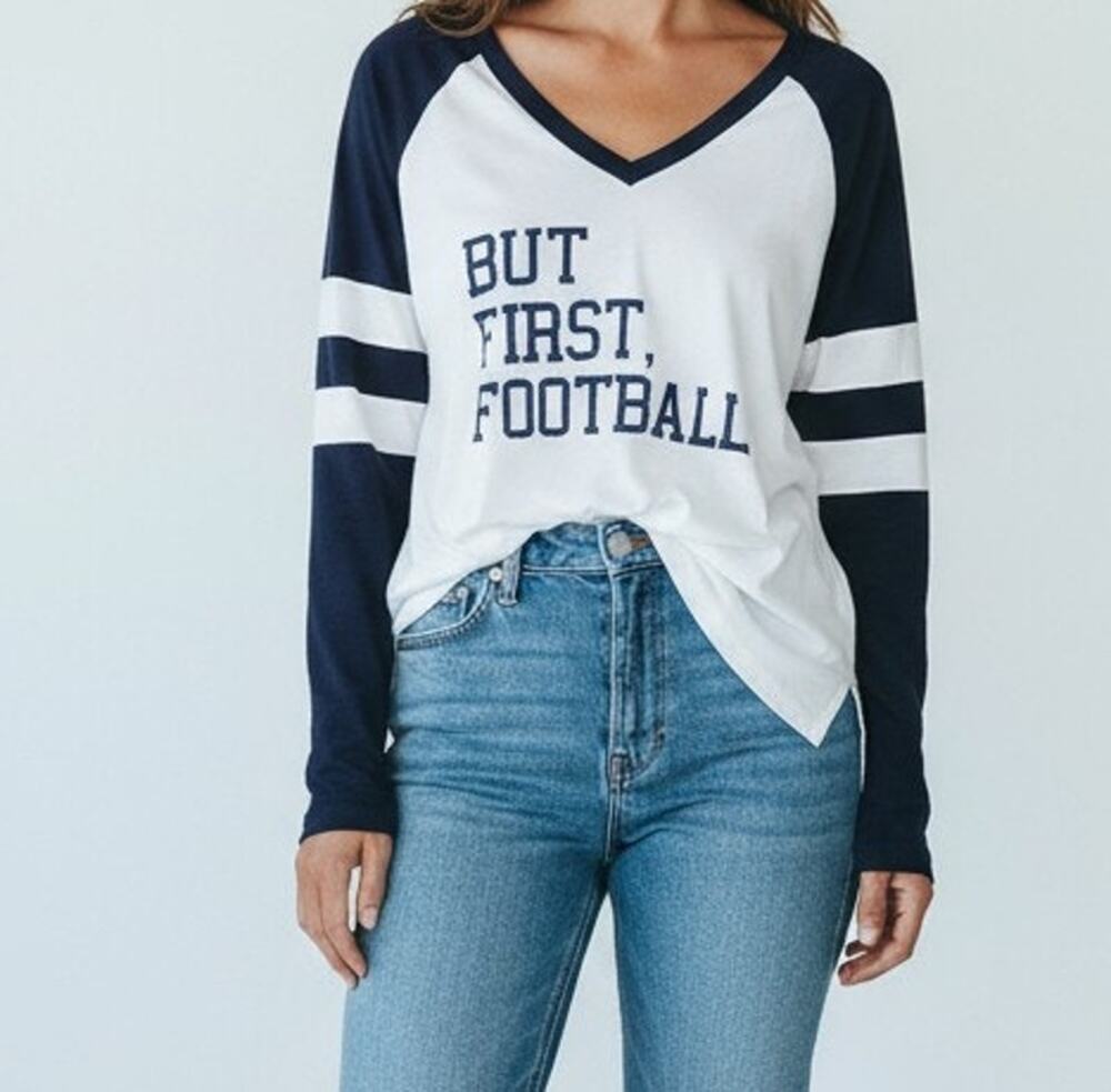 Sweet Claire Small NWT Shirt "But First Football" Long Sleeve Hi Low V Neck